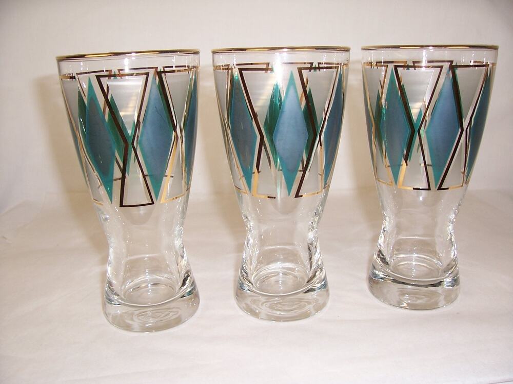 Vintage Libbey Emerald Diamond Pilsner Glasses MCM 22k Gold Teal Green Set of 3